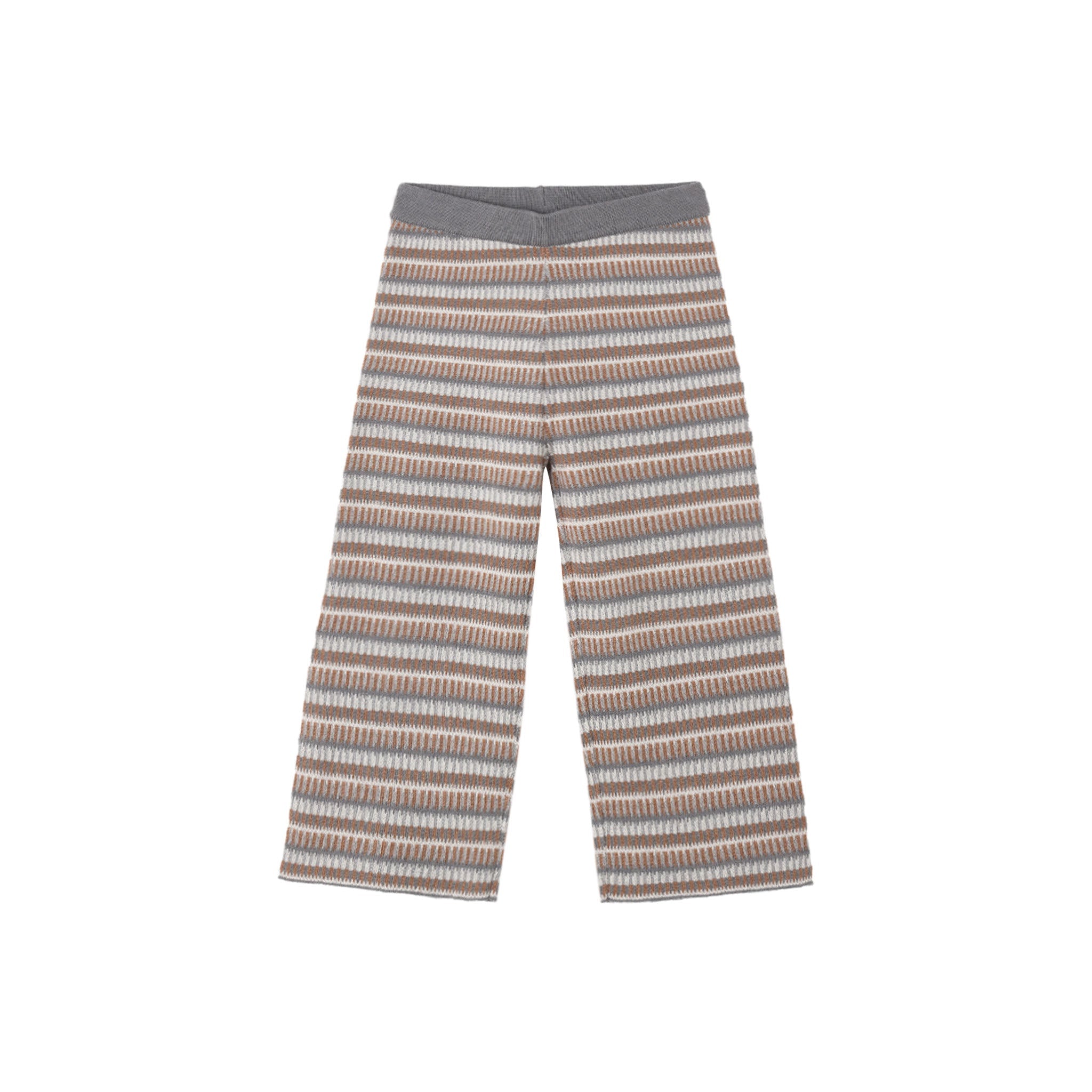 A pair of knit wide-leg pants featuring horizontal stripes in brown, beige, and gray, with a solid gray elastic waistband, shown against a plain white background.