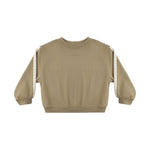A cropped long-sleeve sweatshirt in a warm khaki-beige color, featuring textured cream lace or crochet trim running down both sleeves, shown flat on a white background.
