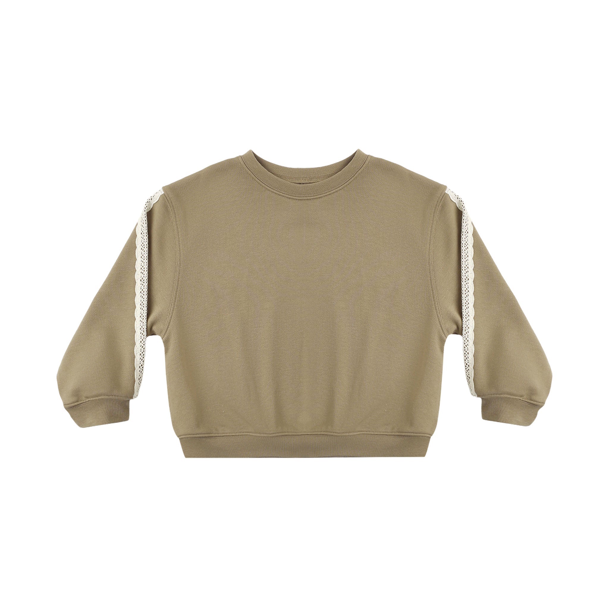 A cropped long-sleeve sweatshirt in a warm khaki-beige color, featuring textured cream lace or crochet trim running down both sleeves, shown flat on a white background.