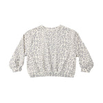 A long-sleeve crewneck sweatshirt featuring a gray and off-white leopard print pattern, displayed flat against a solid white background.