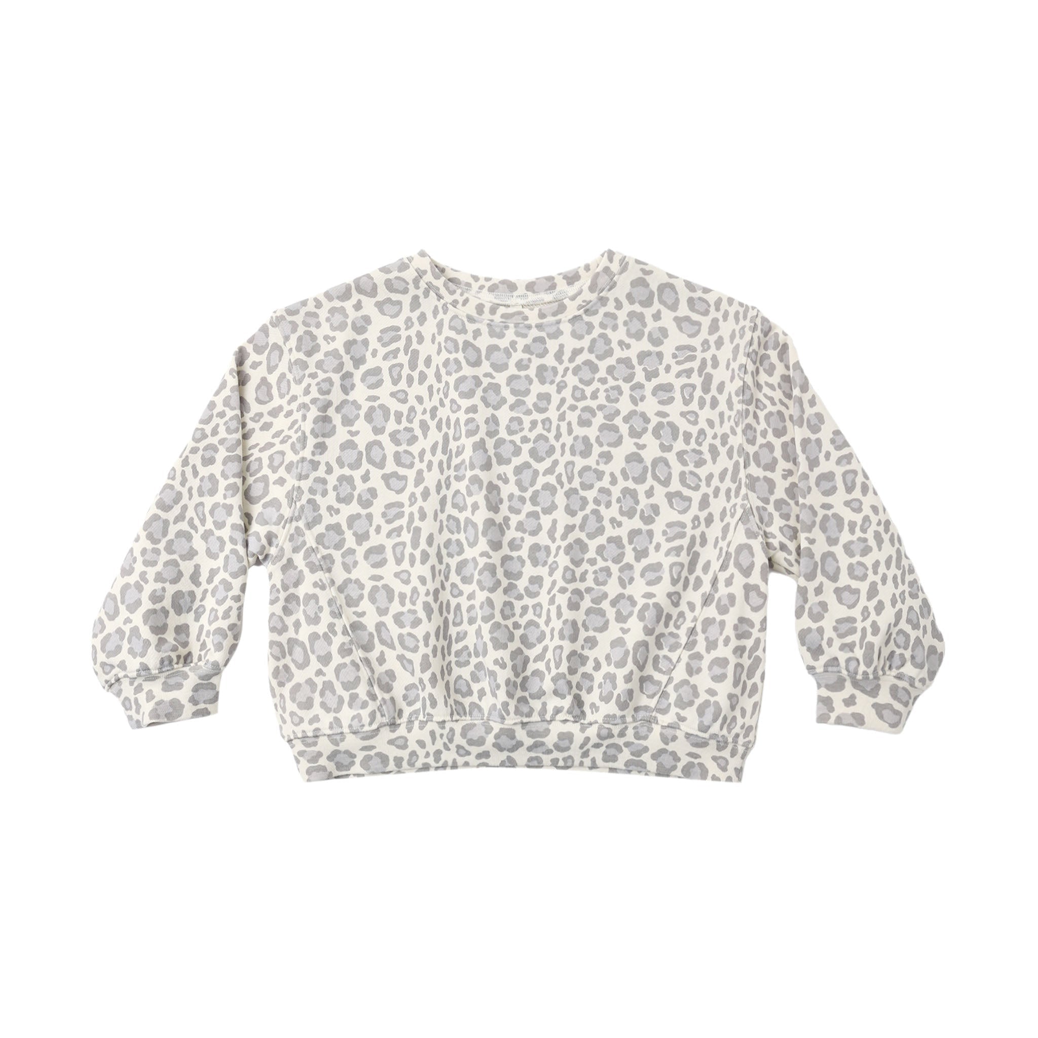 A long-sleeve crewneck sweatshirt featuring a gray and off-white leopard print pattern, displayed flat against a solid white background.