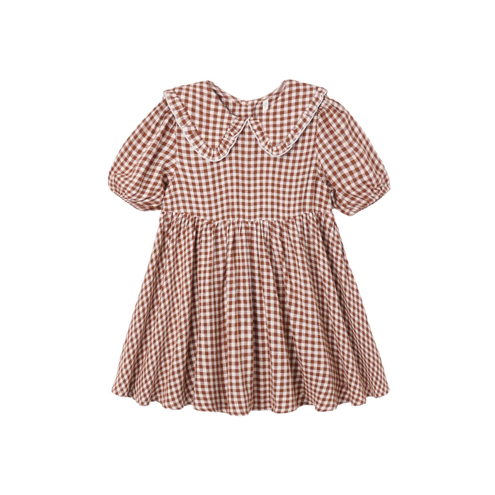 A toddler girl's short-sleeve dress in a brown and white gingham check pattern, featuring a large Peter Pan collar with white lace trim, a gathered waist, and a flared skirt.