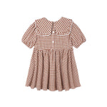 A toddler girl's short-sleeve dress with a brown and white gingham pattern, featuring a large Peter Pan collar with white lace trim, a buttoned front, and a gathered flared skirt.