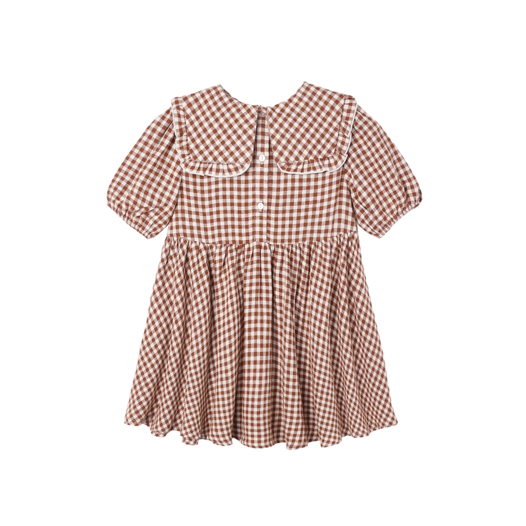 A toddler girl's short-sleeve dress with a brown and white gingham pattern, featuring a large Peter Pan collar with white lace trim, a buttoned front, and a gathered flared skirt.