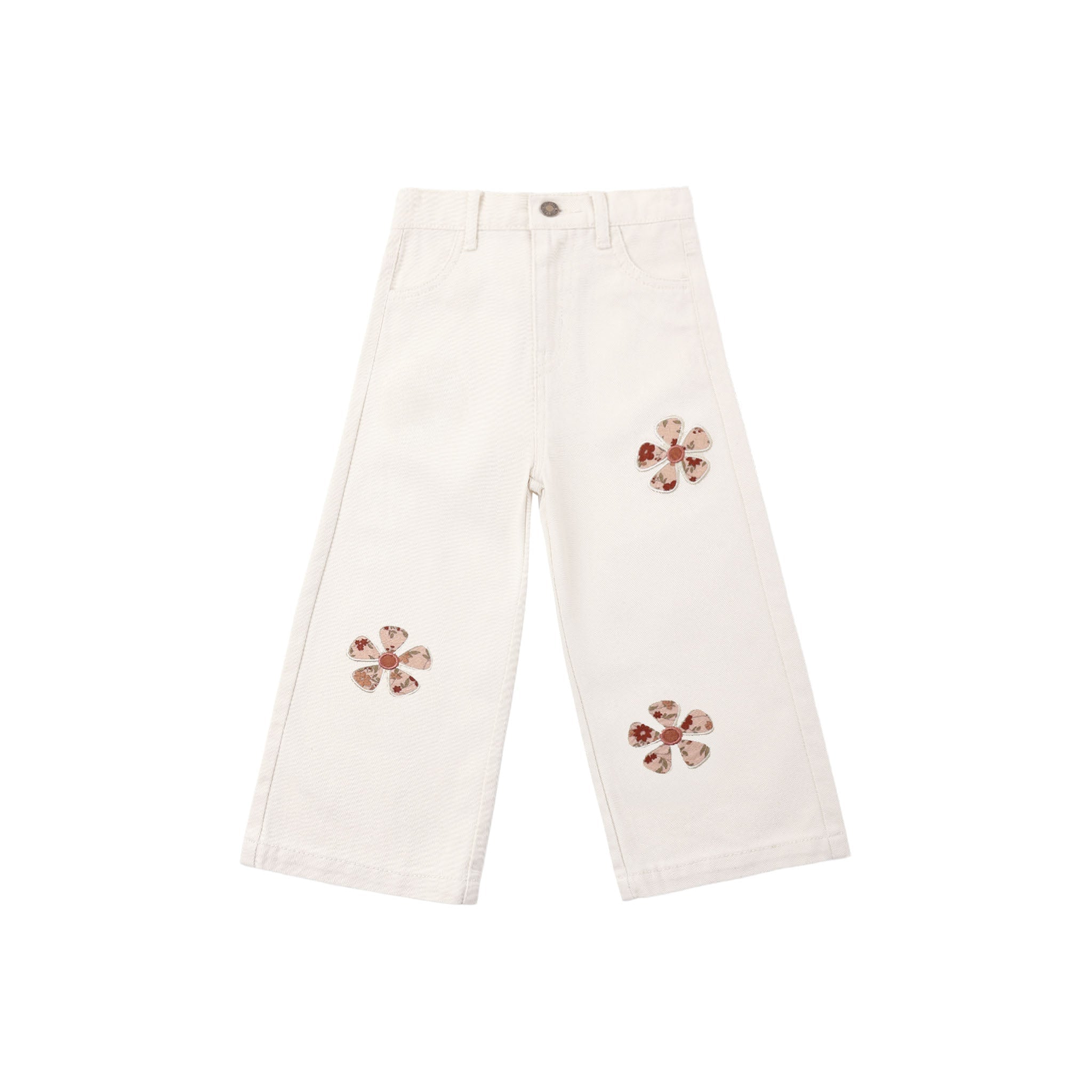 Off-white wide-leg cropped pants with three brown and pink floral applique details on the front, displayed flat against a solid white background.