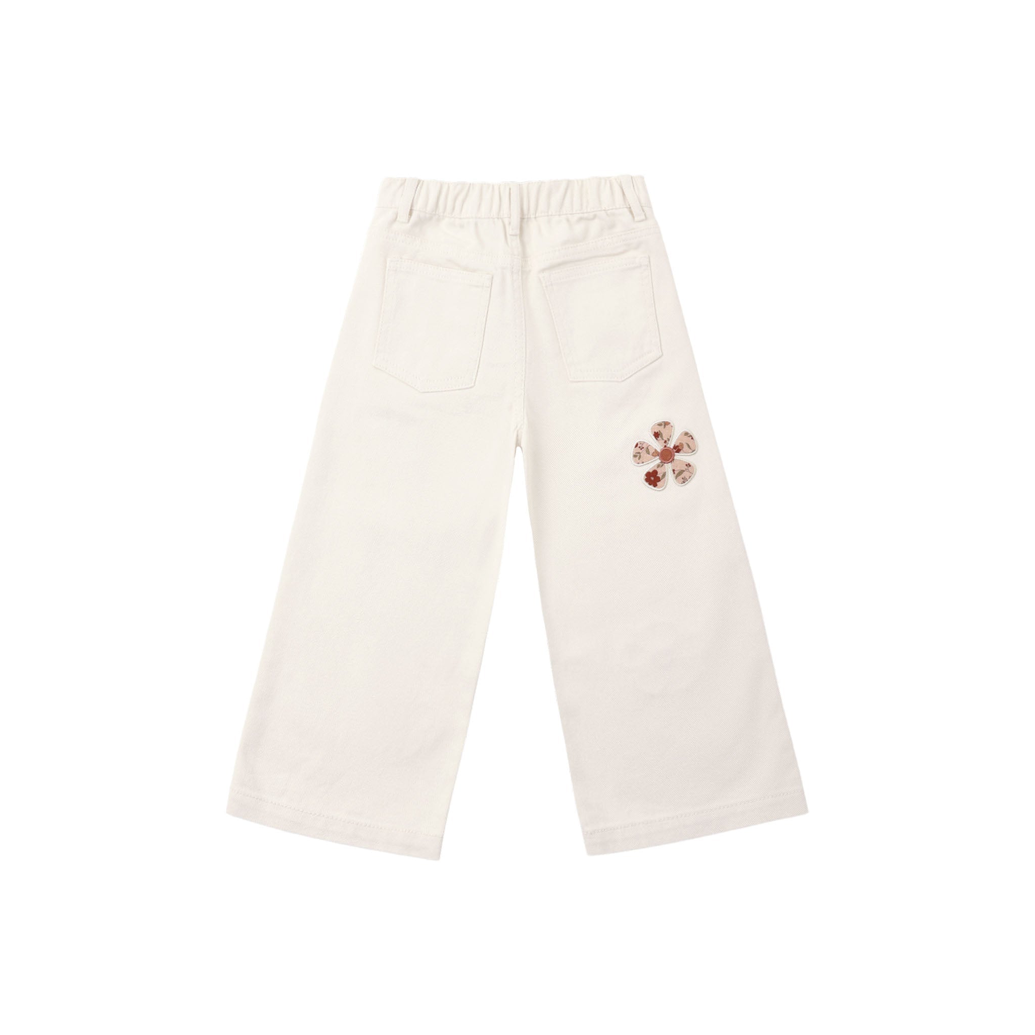 Off-white wide-leg pants with an elastic waistband, back pockets, and a small embroidered floral detail on the left leg, shown against a plain white background.