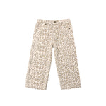 A pair of cropped pants featuring an all-over leopard print pattern in beige and brown on a white background, shown flat against a solid white backdrop.