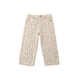 A pair of cropped pants featuring an all-over leopard print pattern in beige and brown on a white background, shown flat against a solid white backdrop.