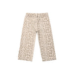 A pair of children's cropped pants featuring a beige and brown leopard print pattern, displayed flat against a solid white background.
