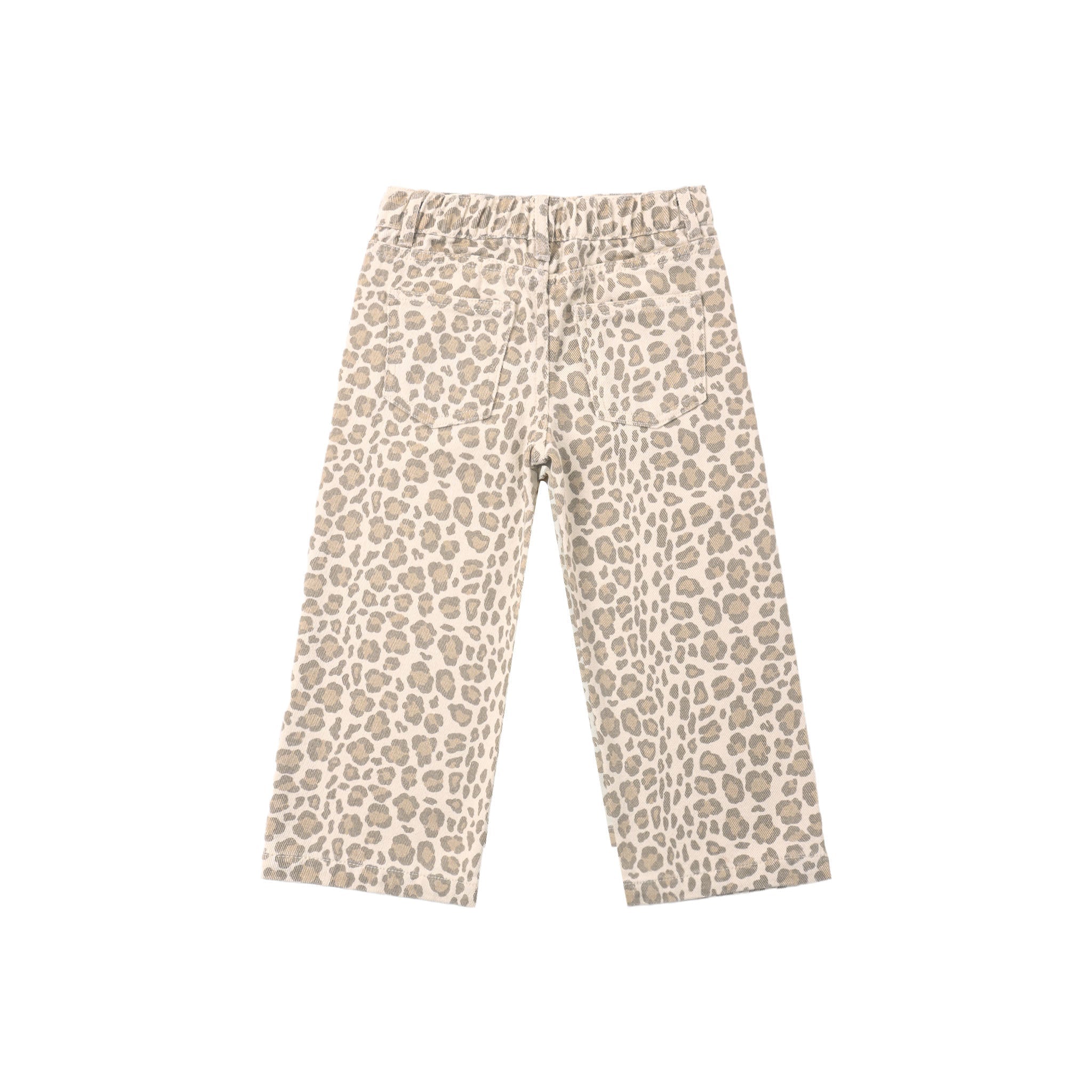 A pair of children's cropped pants featuring a beige and brown leopard print pattern, displayed flat against a solid white background.