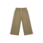 A pair of wide-leg cropped pants in a muted khaki-beige color, featuring white lace-like stripes down the outer sides of the legs, shown against a plain white background.