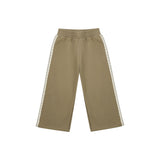 A pair of wide-leg cropped pants in a muted khaki-beige color, featuring white lace-like stripes down the outer sides of the legs, shown against a plain white background.