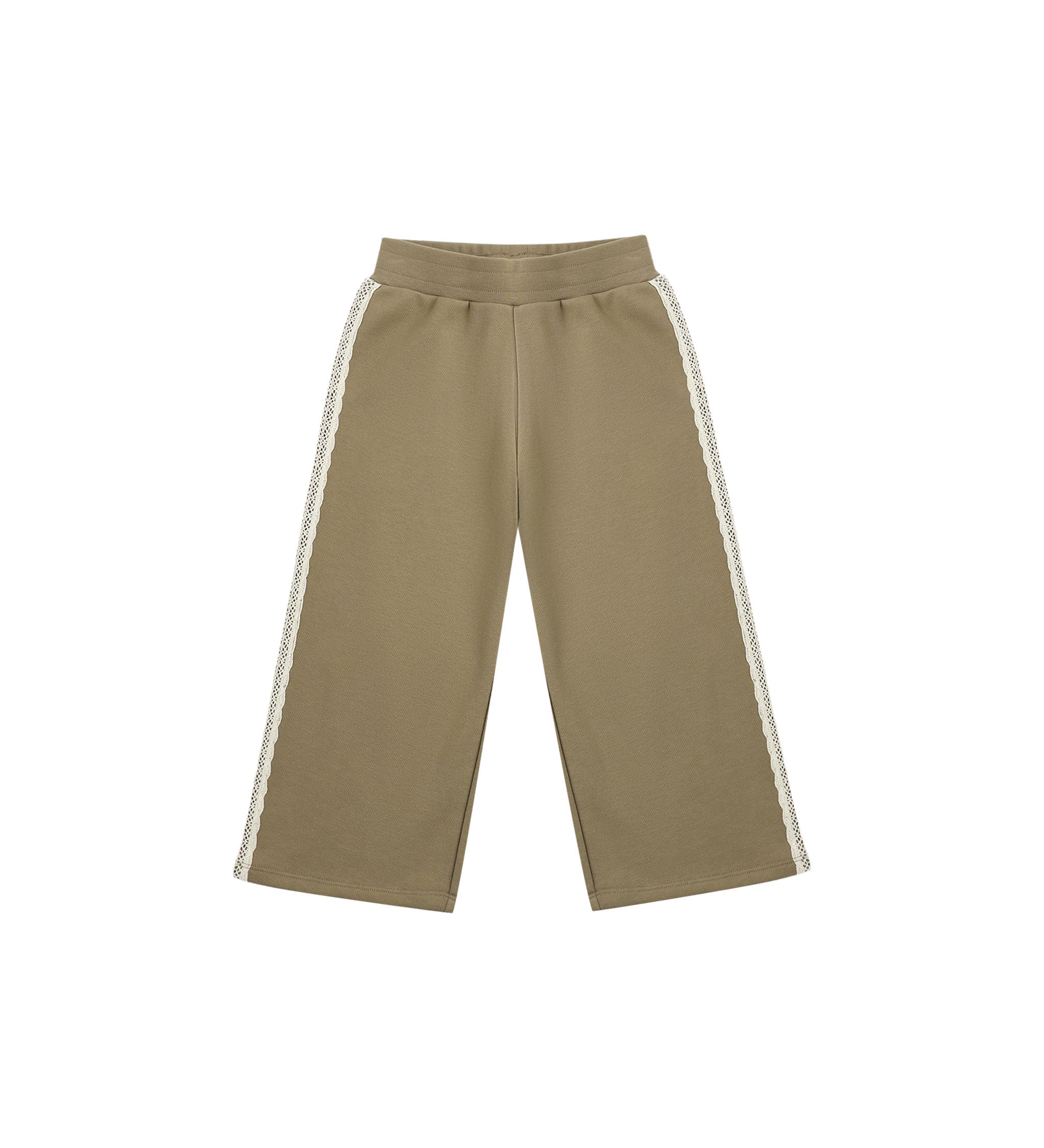 A pair of wide-leg cropped pants in a muted khaki-beige color, featuring white lace-like stripes down the outer sides of the legs, shown against a plain white background.