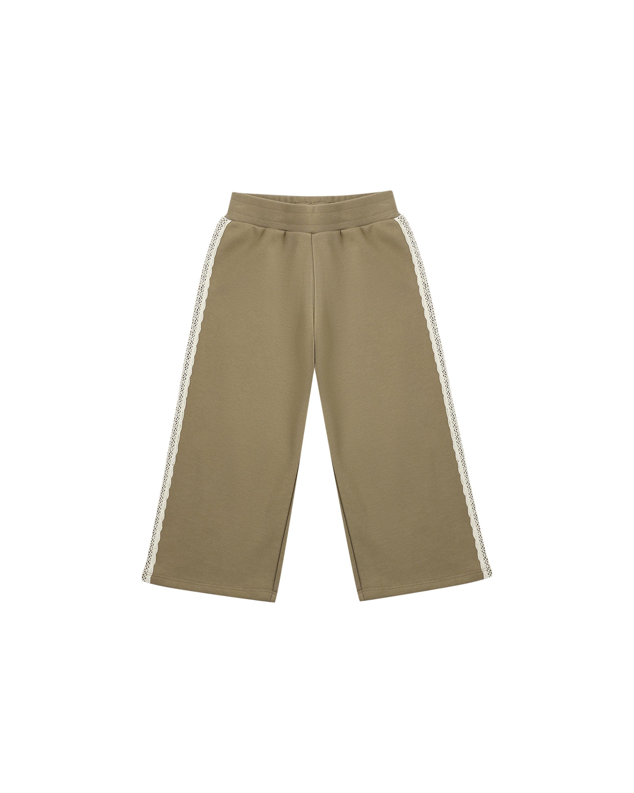 A pair of wide-leg cropped pants in a muted khaki-beige color, featuring white lace-like stripes down the outer sides of the legs, shown against a plain white background.