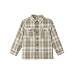 A long-sleeve plaid button-up shirt in beige and olive green, featuring two chest pockets with button closures, shown against a plain white background.