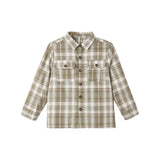 A long-sleeve plaid button-up shirt in beige and olive green, featuring two chest pockets with button closures, shown against a plain white background.