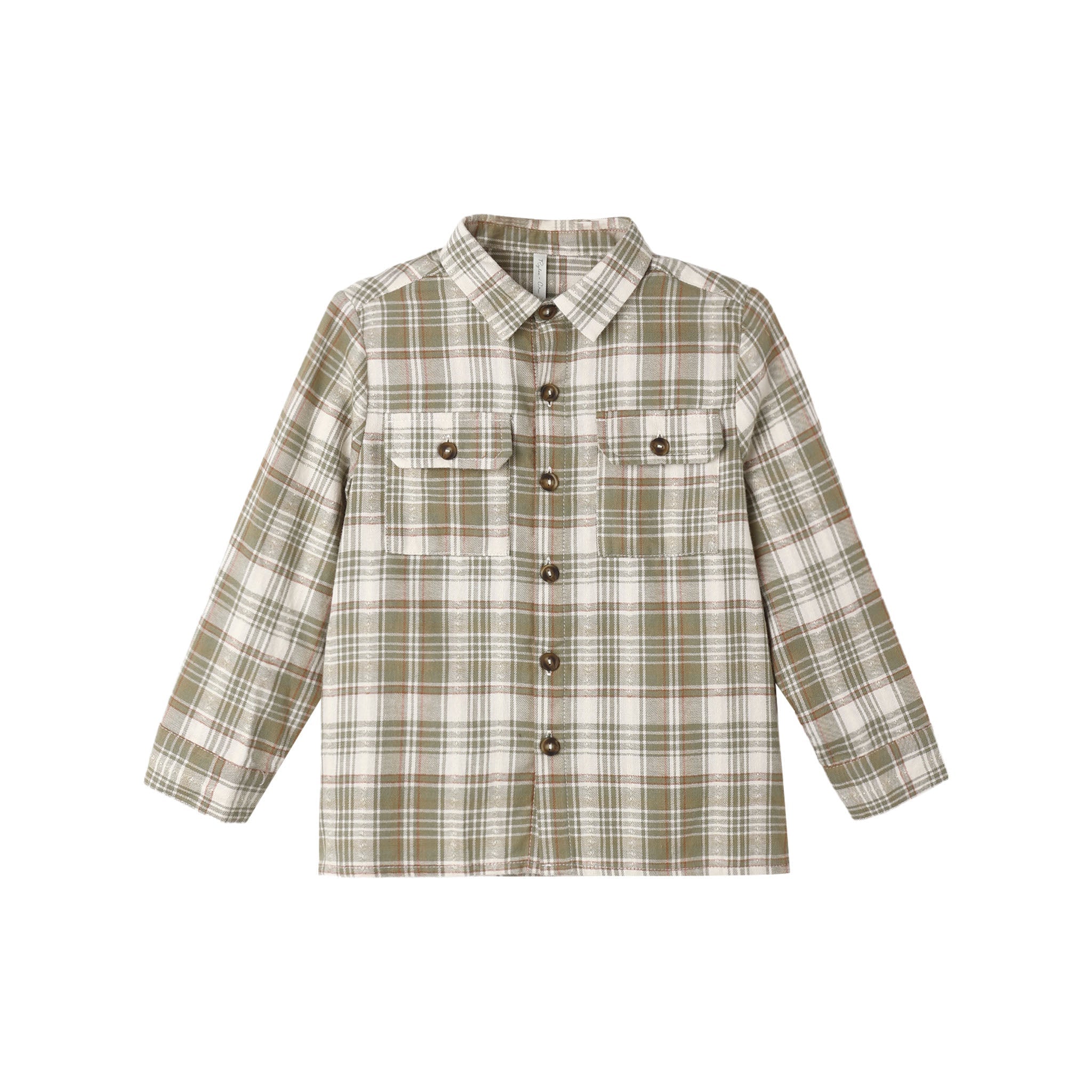 A long-sleeve plaid button-up shirt in beige and olive green, featuring two chest pockets with button closures, shown against a plain white background.