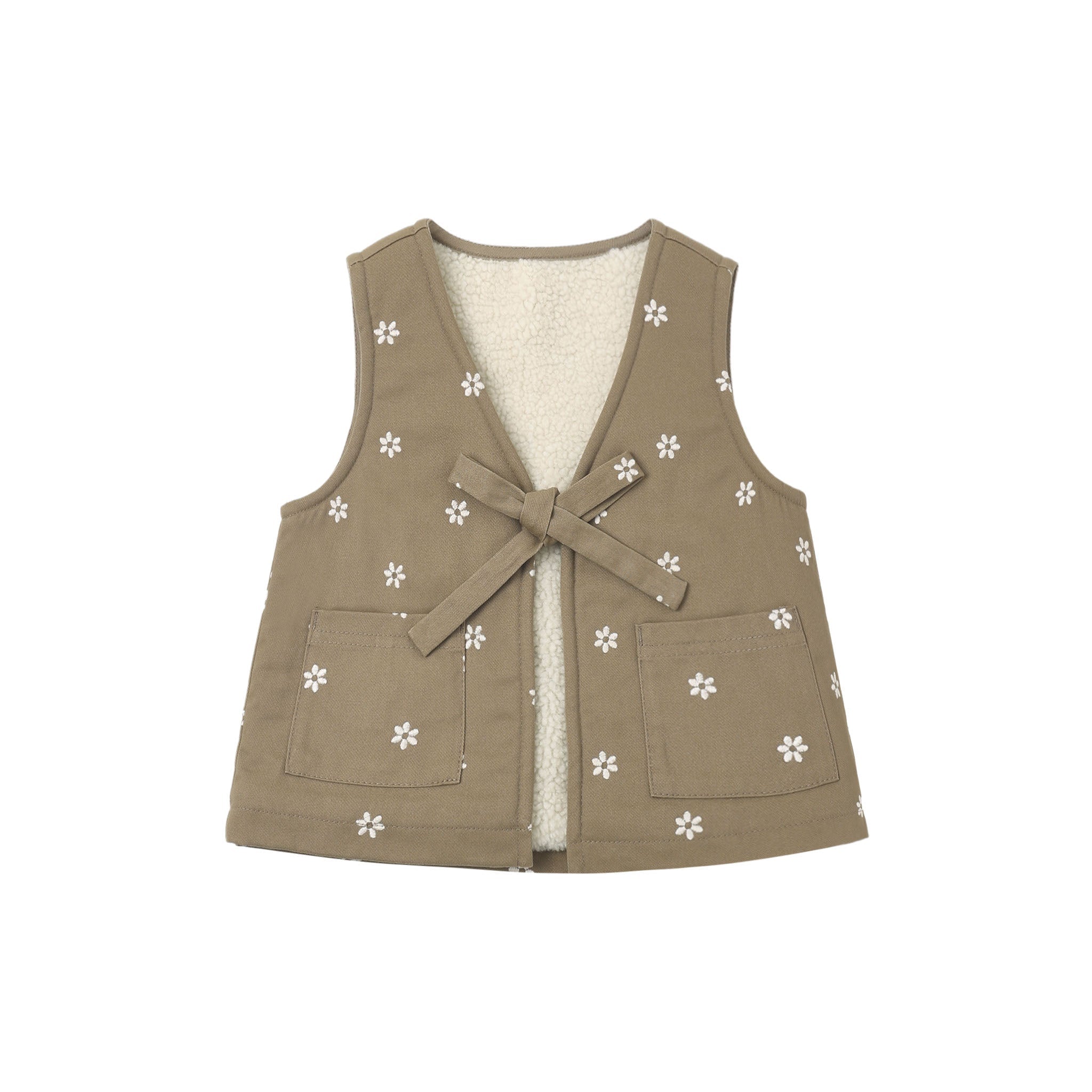 Brown vest with white floral patterns on a white background