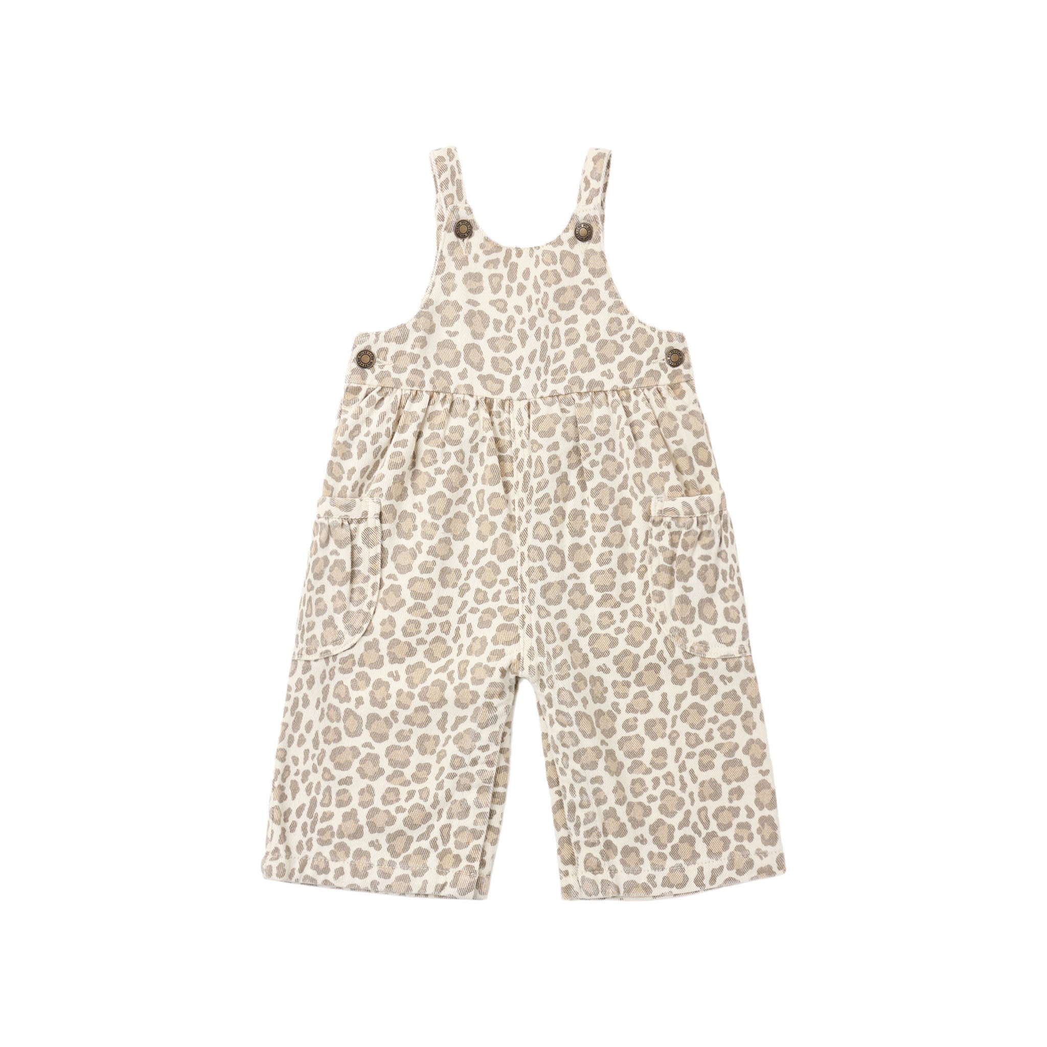 A baby's short overall jumpsuit with a beige and brown leopard print pattern, featuring adjustable shoulder straps with buttons and side pockets, shown on a plain white background.