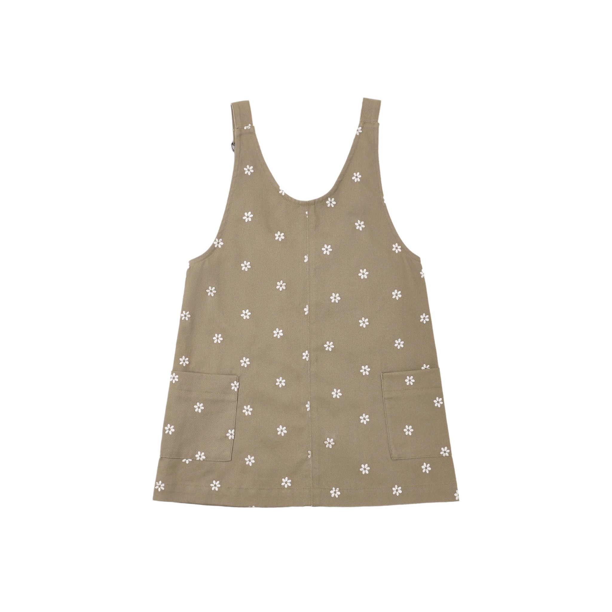 A sleeveless brown vest with a white daisy pattern, featuring a button-up front and two front patch pockets, shown flat on a white background.