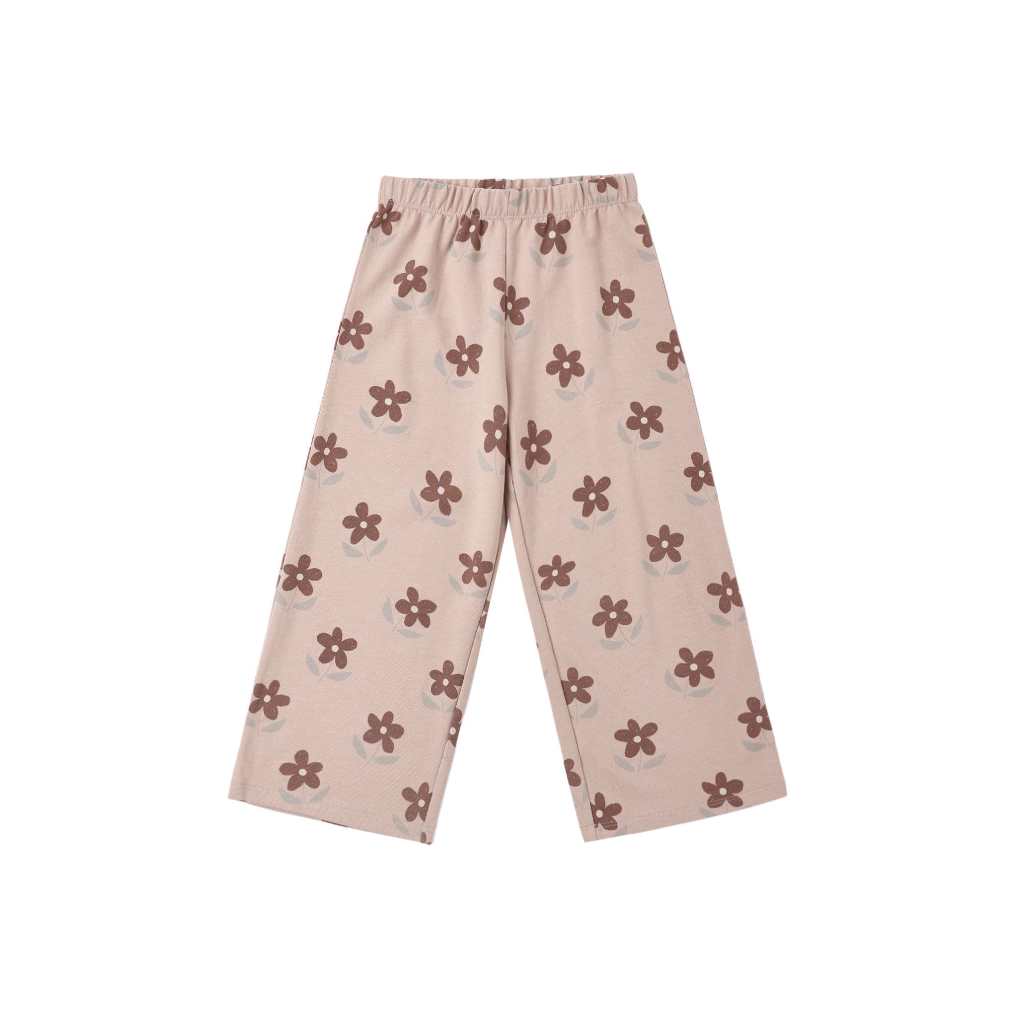 A pair of children's wide-leg pants in a light beige or dusty pink color, featuring an all-over brown flower pattern, displayed flat against a solid white background.