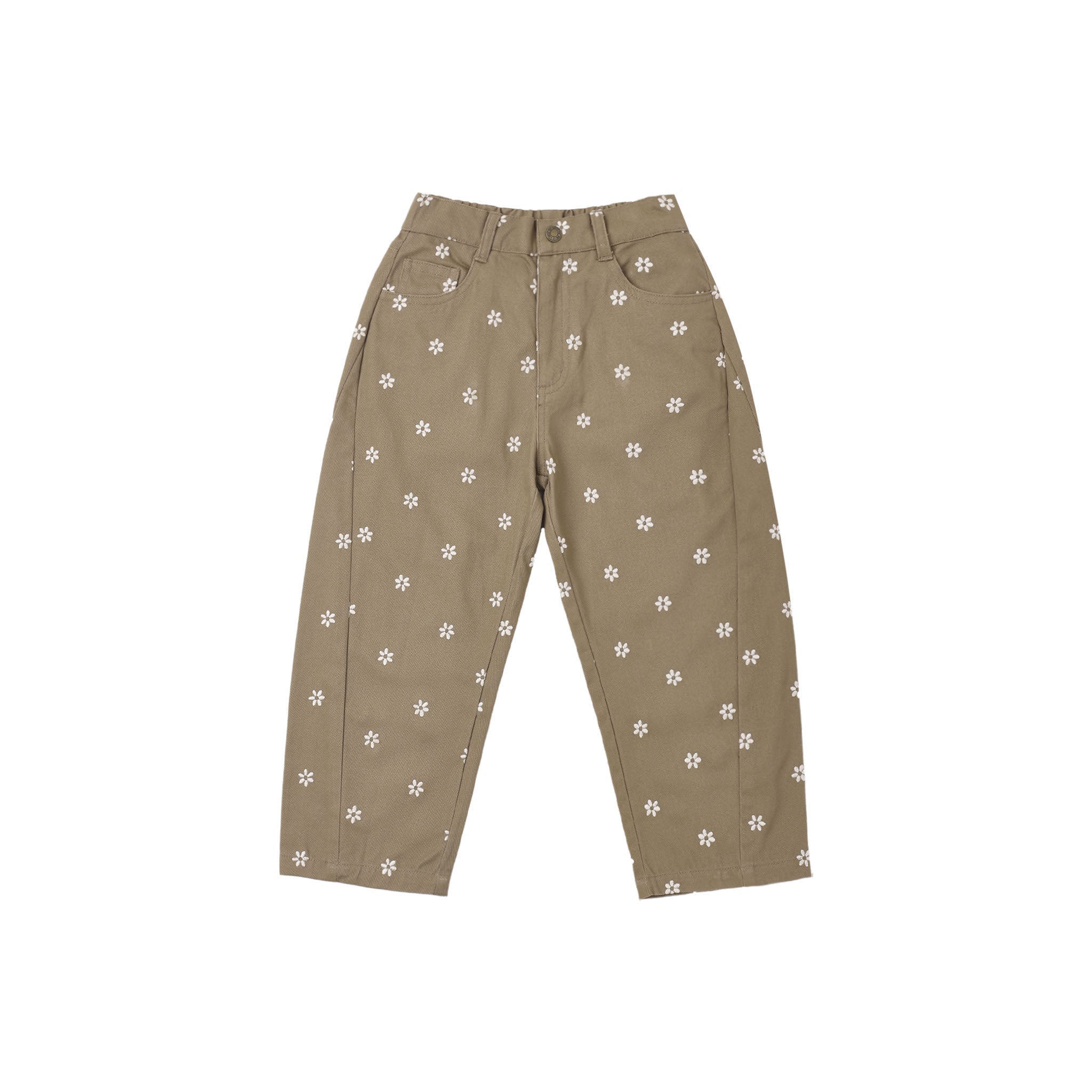 A pair of high-waisted, wide-leg cropped pants in a warm khaki-beige color, decorated with a small white daisy pattern throughout. The pants are shown flat against a solid white background.