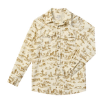 A long-sleeve button-up shirt for kids, featuring a warm cream base with a brown toile-style print depicting farm and country scenes. The shirt has a classic collar, button-down front, and two chest pockets.