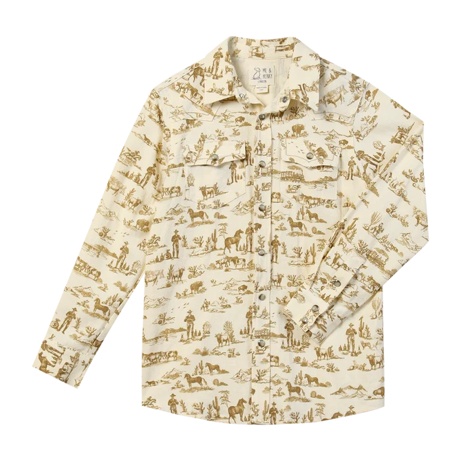 A long-sleeve button-up shirt for kids, featuring a warm cream base with a brown toile-style print depicting farm and country scenes. The shirt has a classic collar, button-down front, and two chest pockets.