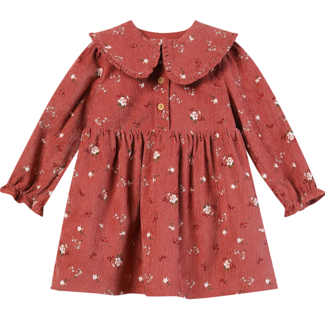 A toddler girl's long-sleeve dress in a textured rust-red crinkle fabric with a small white and yellow floral print. It features a large ruffled Peter Pan collar, a buttoned front with gold buttons, and a gathered waist.