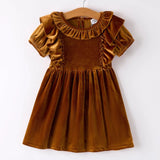 Rylee Faith Autumn Brown Velvet Girls Ruffle Collar Dress