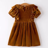 Rylee Faith Autumn Brown Velvet Girls Ruffle Collar Dress