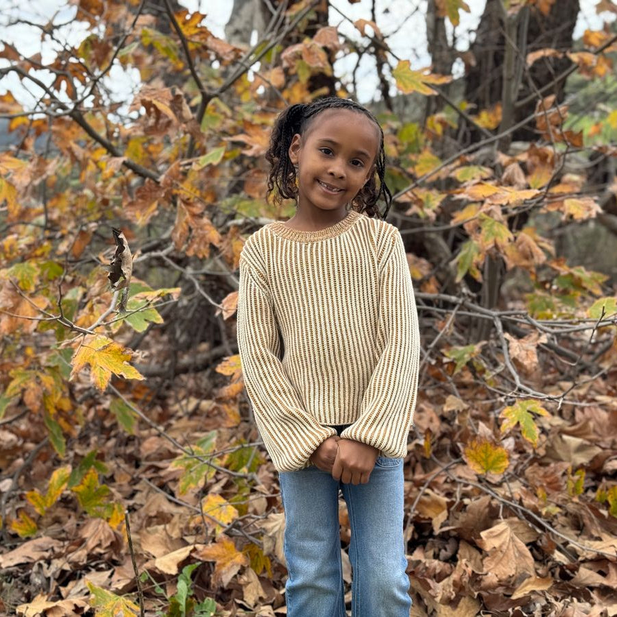 A young girl with braided hair stands outdoors in a wooded area covered with fallen leaves, wearing a cream and tan vertically striped long-sleeve knit sweater and blue jeans.