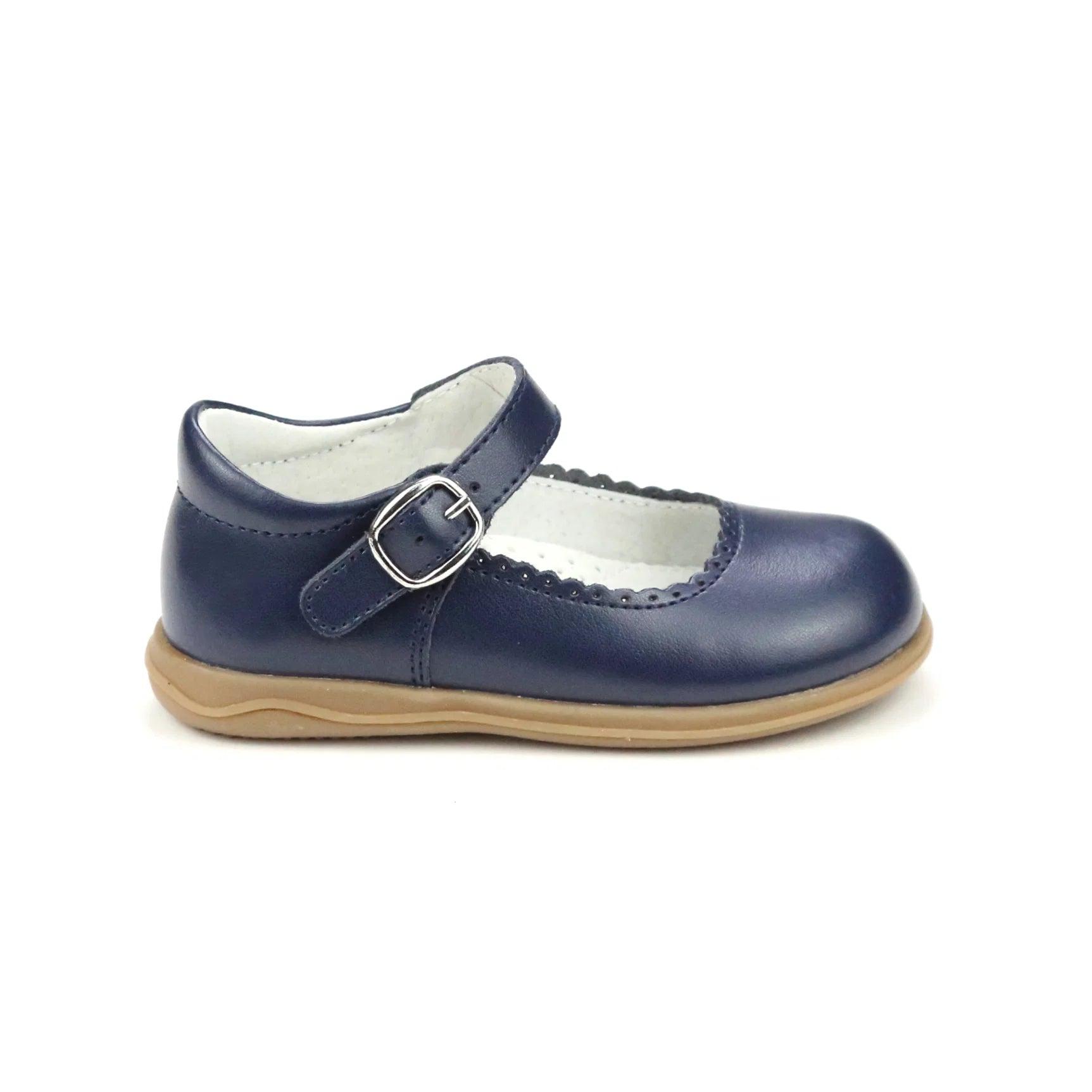 Navy blue shoe with a gum sole on a white background