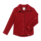 A red long-sleeve button-up shirt with a pointed collar and gold-tone buttons, laid flat on a white background.