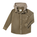 A children's hooded corduroy shirt jacket in a muted taupe-brown color, featuring a button-down front, a chest pocket, and a soft hood lining, shown flat on a white background.