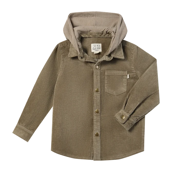 A children's hooded corduroy shirt jacket in a muted taupe-brown color, featuring a button-down front, a chest pocket, and a soft hood lining, shown flat on a white background.