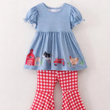 Rylee Faith Barnyard Friends Ruffle Top and Gingham Pant Set