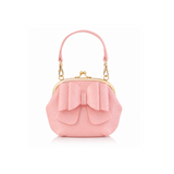 A small light pink felt kiss-lock handbag with a large bow on the front, gold-tone metal frame, and a top handle, shown on a clean white background.