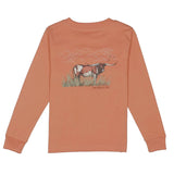 Coral long-sleeve shirt with a cow graphic on a white background