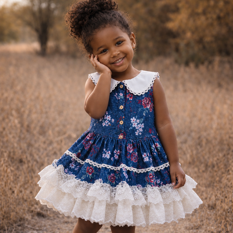 A young girl with curly hair stands outdoors in a dry grassy field wearing a blue floral sleeveless dress with a white Peter Pan collar, white ruffled trim, and white lace hem, paired with white socks and brown shoes.