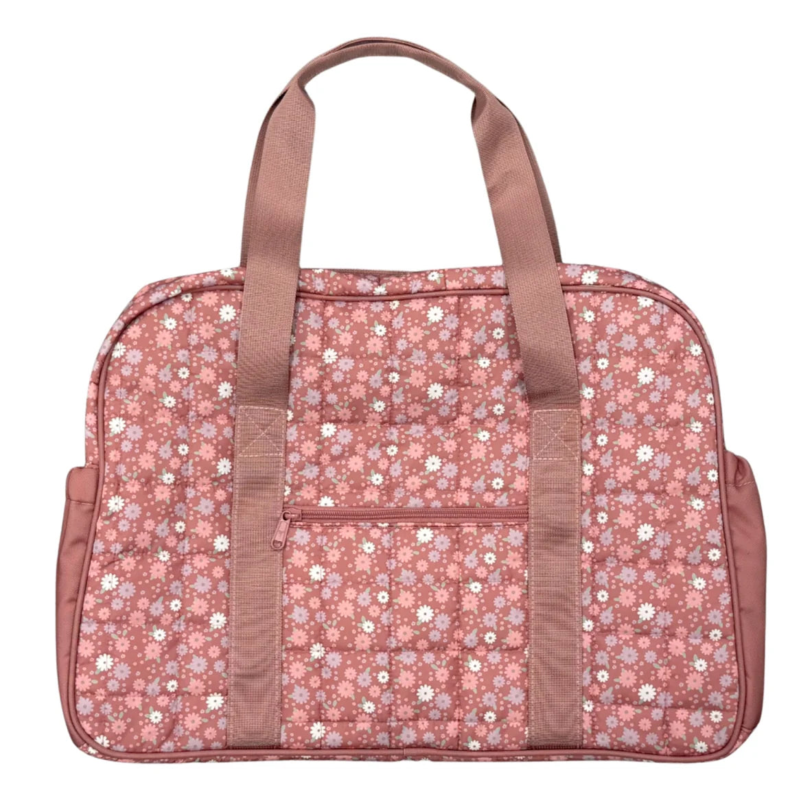 A pink duffel bag with a small white and blue floral pattern, featuring two top handles and a front zippered pocket, shown against a plain white background.