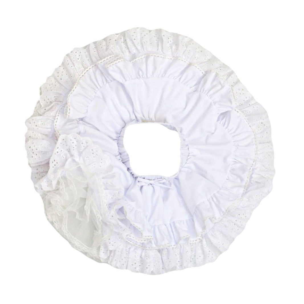 A white ruffled pettiskirt with lace trim, shown flat against a solid white background.
