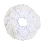 A white ruffled pettiskirt with lace trim, shown flat against a solid white background.
