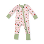 A baby long-sleeve footless one-piece sleeper with a pink background and a festive Christmas print featuring dogs in Christmas outfits. It has sage green cuffs and leg cuffs, and a matching sage green front zipper.