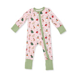 A baby long-sleeve footless one-piece sleeper with a pink background and a festive Christmas print featuring dogs in Christmas outfits. It has sage green cuffs and leg cuffs, and a matching sage green front zipper.