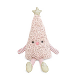 A plush Christmas tree toy in a soft blush pink fuzzy fabric, featuring a glittery gold star on top, a cute embroidered face, striped arms and legs, and gold-toned feet, set against a plain white background.