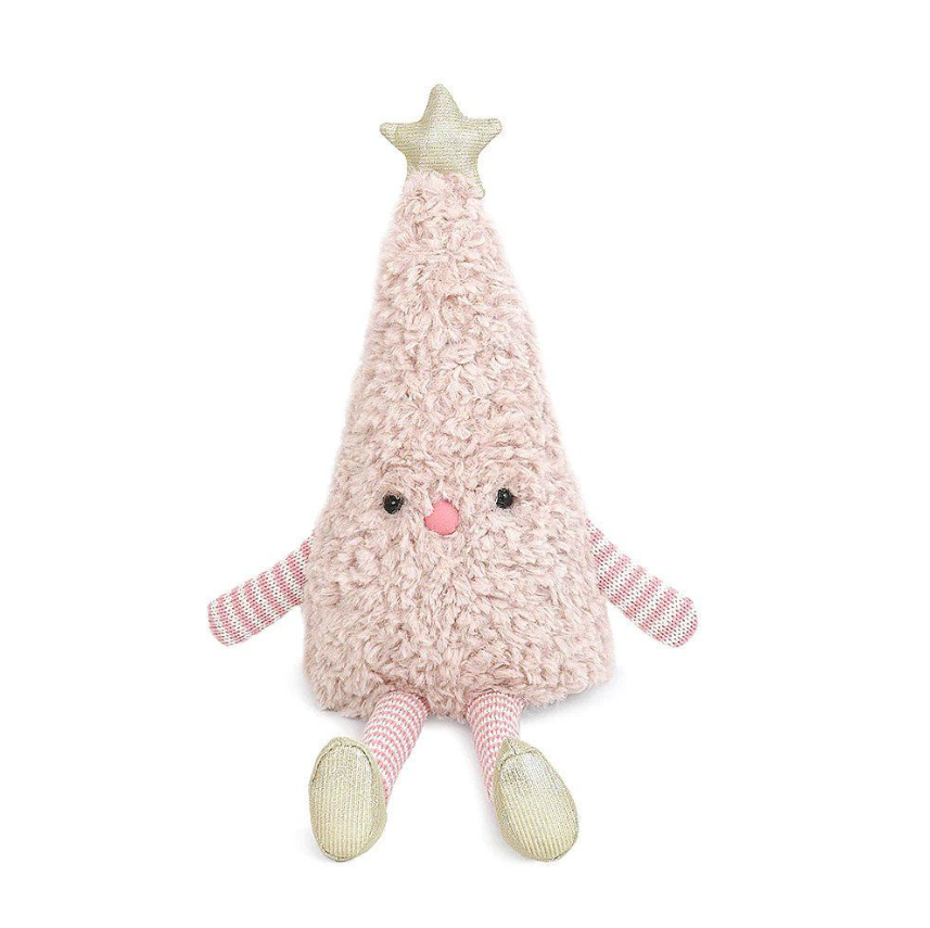 A plush Christmas tree toy in a soft blush pink fuzzy fabric, featuring a glittery gold star on top, a cute embroidered face, striped arms and legs, and gold-toned feet, set against a plain white background.