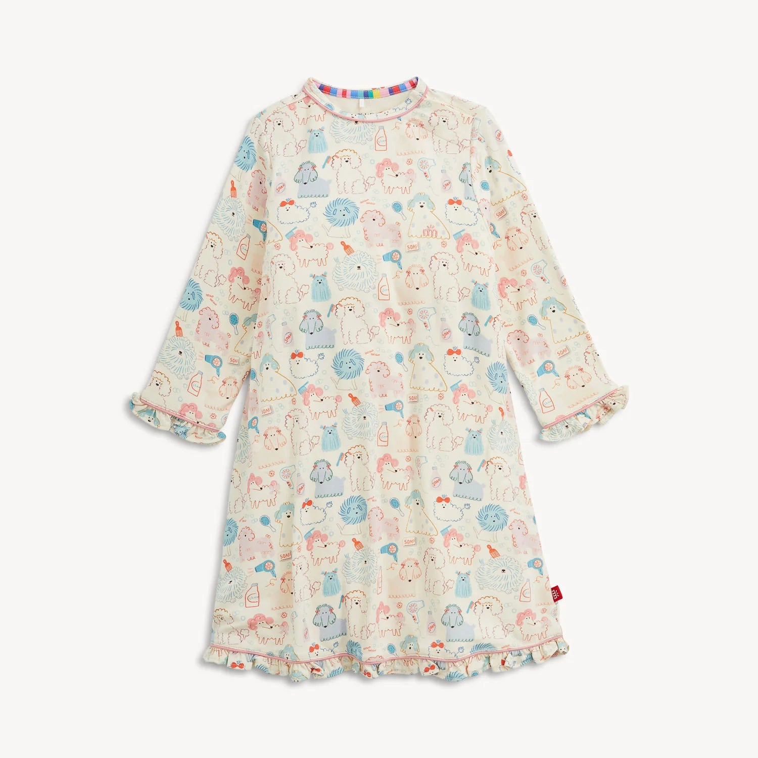 A long-sleeve baby dress with a cream base and an all-over print of cute cartoon animals in pastel blue, pink, and orange. The dress features ruffled cuffs and a ruffled hem, and is shown against a plain light background.