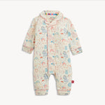 A baby long-sleeve footless romper in cream with a colorful cartoon animal print, featuring a snap-button front and a small red tag on the lower leg.