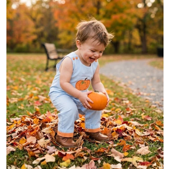 A toddler crouches outdoors on a leaf-covered lawn, holding a small orange pumpkin. The child is wearing light blue sleeveless overalls with a pumpkin graphic on the chest and brown shoes.